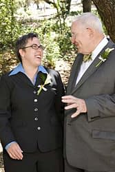 The bride with her father before her wedding at Mills College, Oakland, San Francisco Bay Area