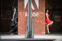 San Francisco Engagement Portrait of the happy couple in front of the Adobe office before it was retouched by Halbright Photography