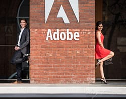 San Francisco Engagement Portrait of the happy couple in front of the Adobe office after retouching by Halbright Photography